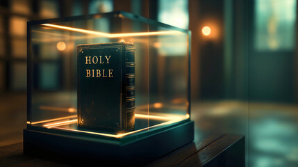 Holy Bible placed in the glass cube in the museum, closeup photography. Old and ancient historical Christian holy scriptures, antique religion document archive, sacred wisdom text studying - obrazy, fototapety, plakaty