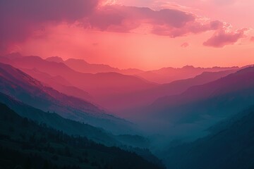 a sunset view of a mountain range with a pink sky - Powered by Adobe