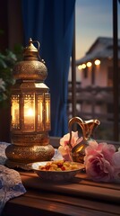 Obraz na płótnie Canvas Arabic lantern on wooden table in front of window. Ramadan Kareem greeting card