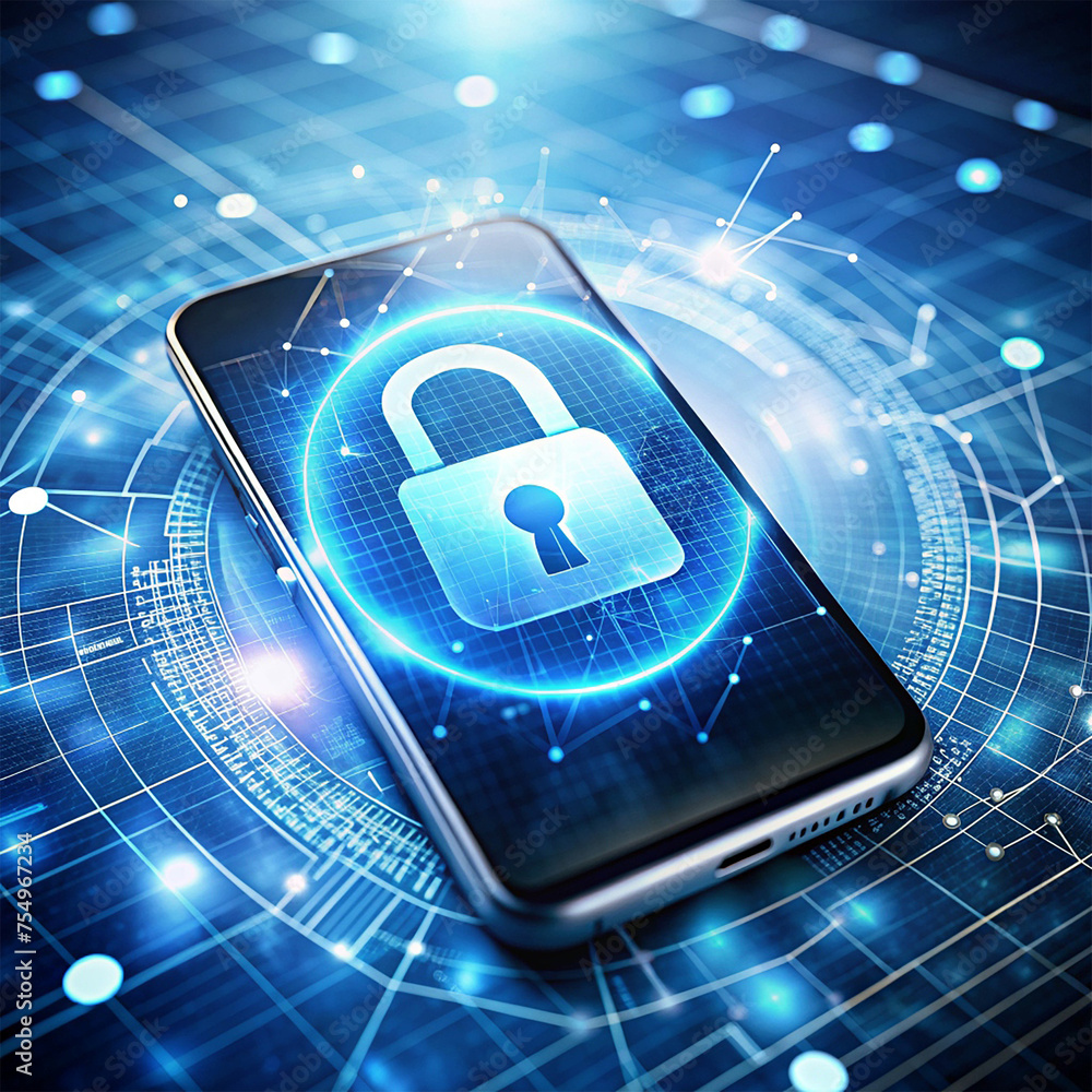 Poster cyber security concept: smartphone with closed padlock on the screen