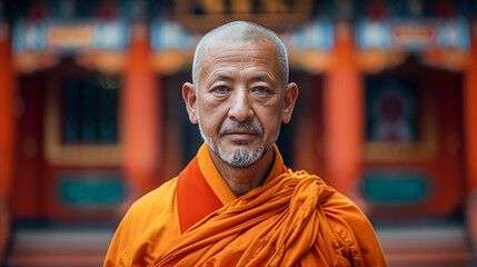 Portrait of a Tibetan monk wearing the traditional orange tunic.  - obrazy, fototapety, plakaty