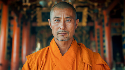 Portrait of a Tibetan monk wearing the traditional orange tunic. 