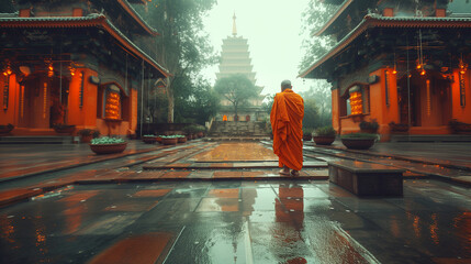 A traditional Tibetan temple with a monk wearing the orange tunic.  - obrazy, fototapety, plakaty
