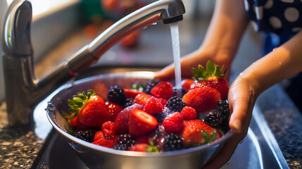 Closeup of the woman holding the gray bowl with strawberries and berries above the kitchen sink, washing the healthy and sweet summer fruits with water from the faucet - Powered by Adobe