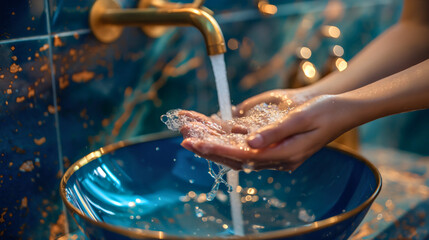 Closeup of the female person or woman washing her hands in the bathroom sink, water splashing, running from the golden faucet. Water and soap hygiene, foam on the skin, bacteria protection and prevent - obrazy, fototapety, plakaty