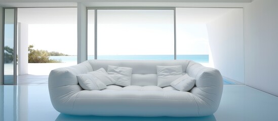 Fototapeta na wymiar A white couch is positioned in a room next to a window, allowing natural light to illuminate the space. The simple yet elegant design of the couch complements the rooms décor.