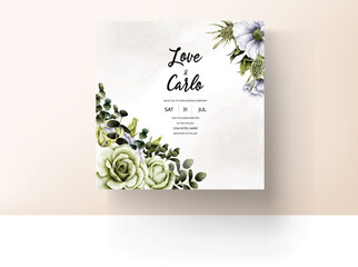 floral watercolor invitation card with white and green rose flower