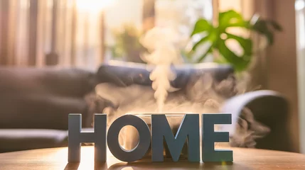 Poster Text "Home" in front of the smell vaporizer or aroma diffuser placed on the living room table near the houseplant © Nemanja