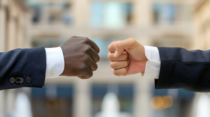 Closeup of the two businessmen doing the fist bump, Caucasian and African American male businesspeople cooperation and partnership. Friendship and agreement in the modern company office interior