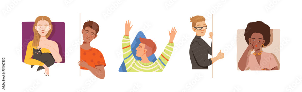 Poster people characters looking out of window of geometrical shape vector set