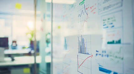 Closeup of the presentation of corporate charts, graphs, data and analytics on a whiteboard in the office interior. Marketing success statistics, company development, boardroom infographics report