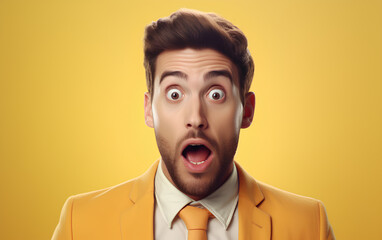 Young ultra handsome businessman, was Surprised and excited, opening eyes and mouth, Bright solid light color background.
