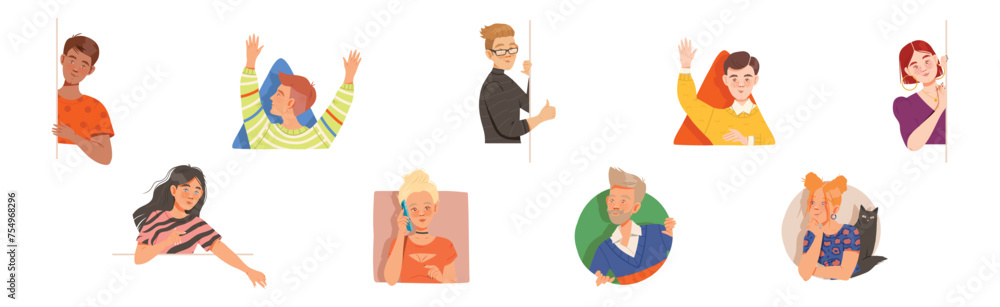 Poster people characters looking out of window of geometrical shape vector set