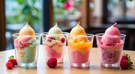 Ice Cream in highly transparent cups in tuty fruity flavor on the table of a cafe

