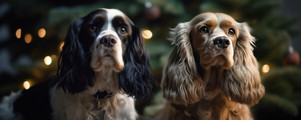Two adorable cocker dogs, one black and white and the second one brown, in front of a Christmas tree. Generative Ai - obrazy, fototapety, plakaty