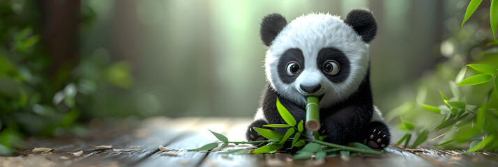 A 3D animated cartoon render of a cute baby panda peacefully munching on bamboo. - obrazy, fototapety, plakaty
