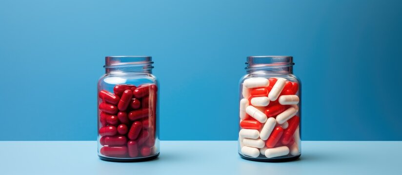 Two mason jars filled with red and white pills rest on a blue table, resembling food storage containers holding ingredients or chemical compounds