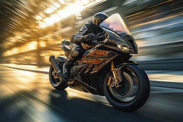 A motorcycle rider drives at high speed on an empty road  - obrazy, fototapety, plakaty