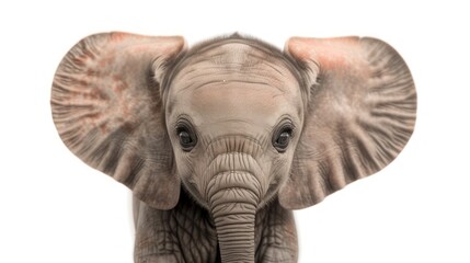a close up of an elephant's head with a white background and a red spot in the middle of the elephant's ear.