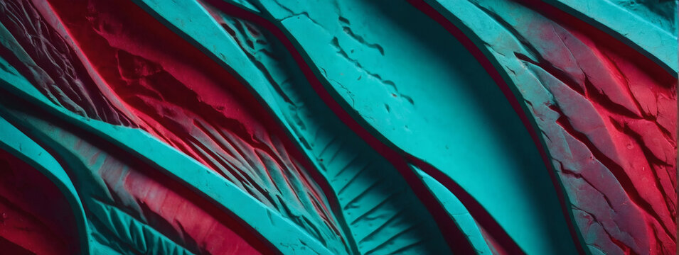 Electric turquoise and ruby gradient interplay creating a vibrant backdrop.