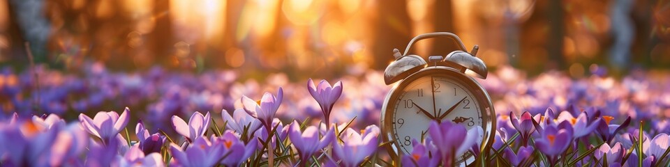 vintage alarm clock nestled among purple crocuses marking the beginning of spring and daylight savings time