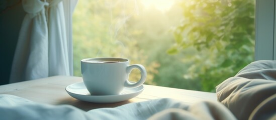 A cup of coffee sits on a table, with a view of a window in the background. The morning light filters through, creating a cozy atmosphere.