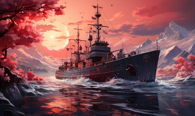 A powerful warship cuts through the icy waters of a polar region, under the captivating glow of a fiery sunset surrounded by glaciers. - obrazy, fototapety, plakaty