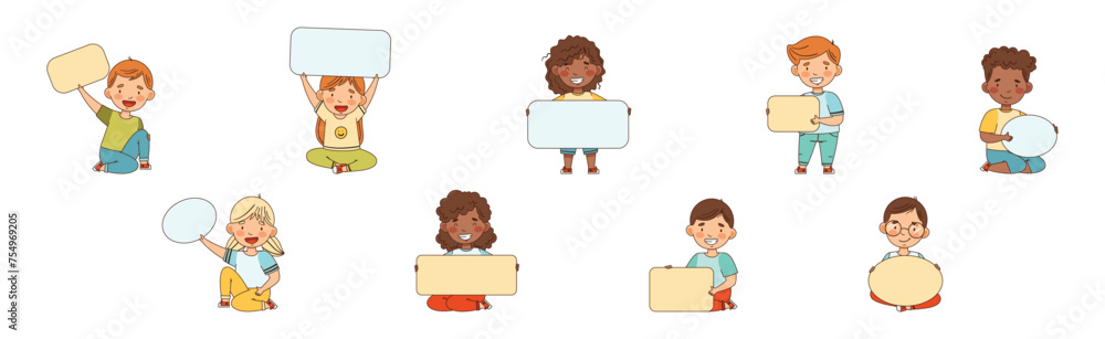 Poster smiling kids character holding empty plaque or signboard vector set