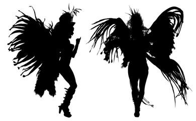 samba, baile, brasil, danza, carnaval, silueta, color, vector, pegatina, plumas, traje, ilustracion, angel, diablo	
