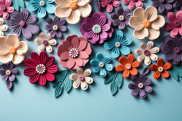 Spring, summer blue background with cut paper style flowers and place for text. Generated by artificial intelligence