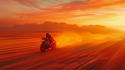 A motorcycle speeds across a desert under a twilight sky where the sands shimmer in pastel colors...