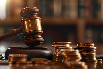 Close-Up with Gavel and Money, Financial Ruling, Justice Impact, Legal Authority - obrazy, fototapety, plakaty
