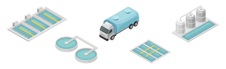 Isometric Water Purification Industrial System Technology Facility Vector Set