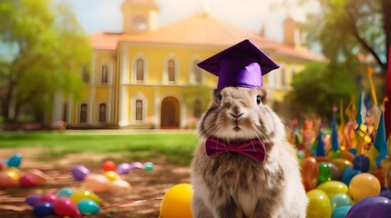 A happy Easter bunny wearing a graduation cap, standing in a vibrant park