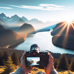 view of the mountain canyon and the sea through a camera in the hands of a photographer