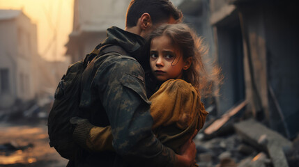 A man and a girl are hugging in a war zone