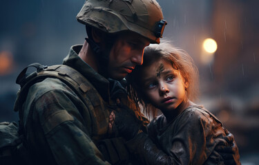 Obraz premium A soldier is holding a child in his arms