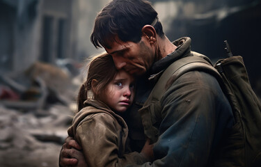 A man and a little girl are hugging each other in a war zone