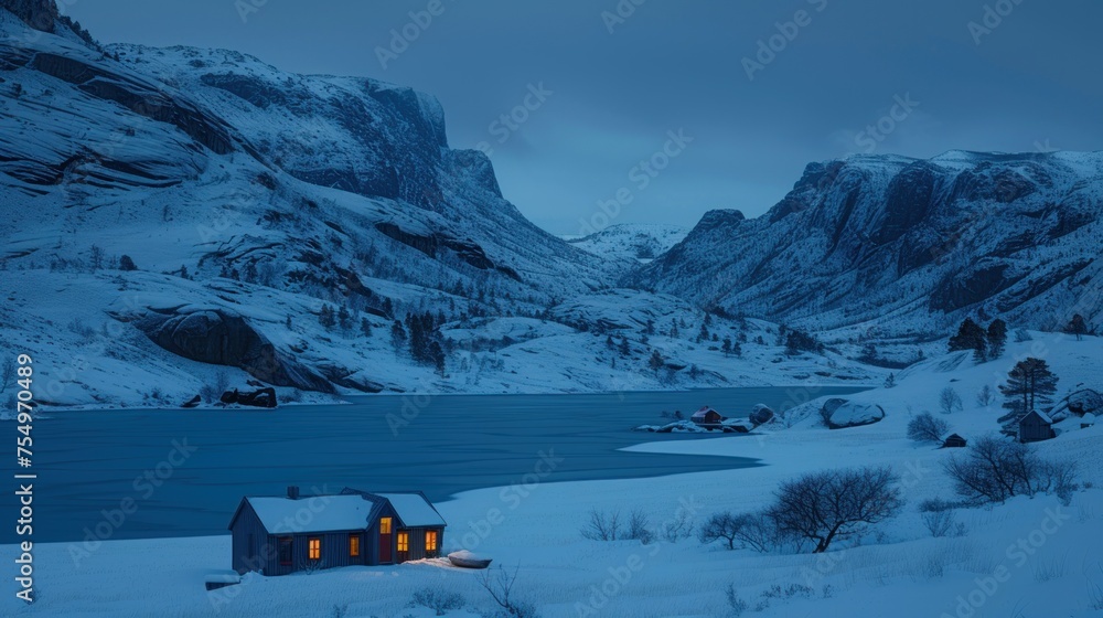 Sticker a snow covered mountain with a house in the foreground and a body of water in the middle of it.