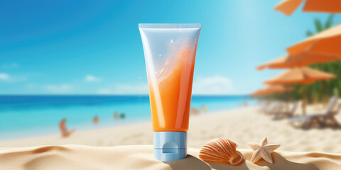 A tube of sunscreen sits on the sand next to a starfish