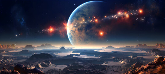 Space landscape illustration. View of space from an unknown planet.