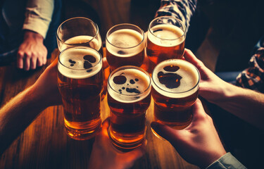 A group of people are holding up six glasses of beer, toasting to a good time - obrazy, fototapety, plakaty