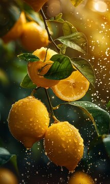 Beautiful fresh ripe lemons hanging on a branch with leaves in garden, closeup