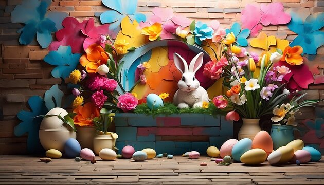 Easter composition with colorful eggs, bunny and flowers on brick wall background