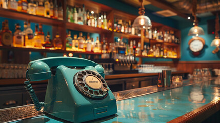 A teal retro telephone sits atop a retro-style bar, its rotary dial a relic in a world of...