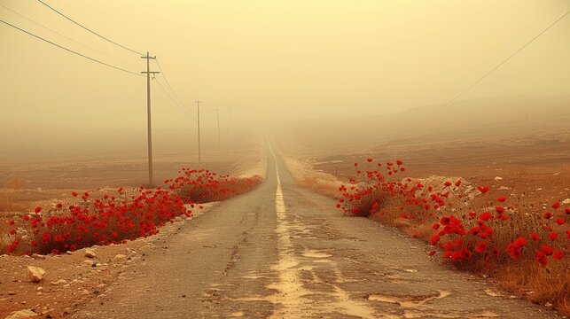 a dirt road with a bunch of red flowers on the side of it and a telephone pole in the distance.