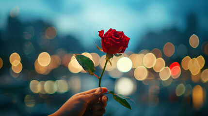 Hand holding single red rose flower on blurred