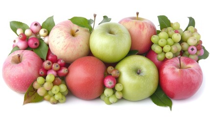 Naklejka na ściany i meble a group of apples, grapes, and apples with leaves and berries on the bottom of the apples are on a white background.