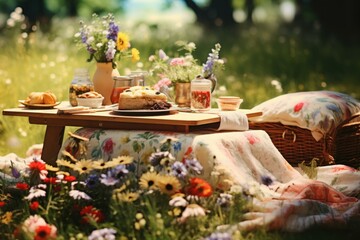 Naklejka na ściany i meble Delicious Picnic spring meadow food. Outside romance. Generate Ai