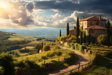 Serene Landscape of tuscany winery. Nature wine country sunset view. Generate AI